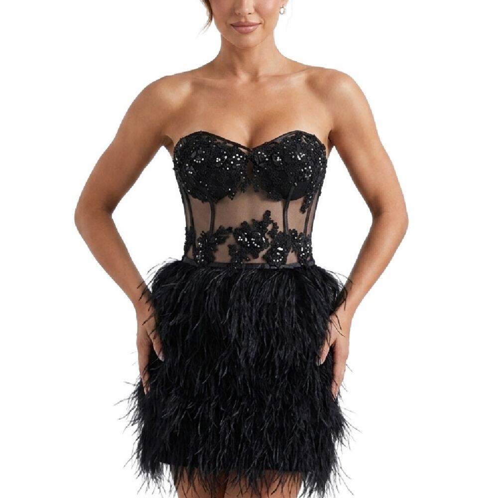 Cinderella Black Feather Corset Mini Dress Strapless Beaded Prom Size 4 Cocktail